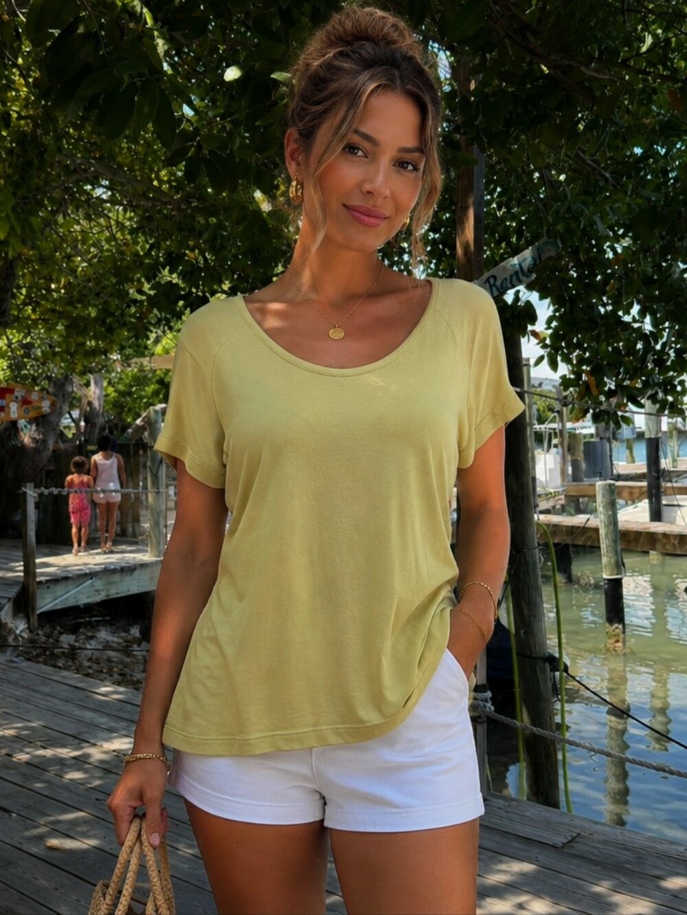 Eileen Fisher 100% Cotton Short Sleeve Crewneck Top in Light Lime Size XL